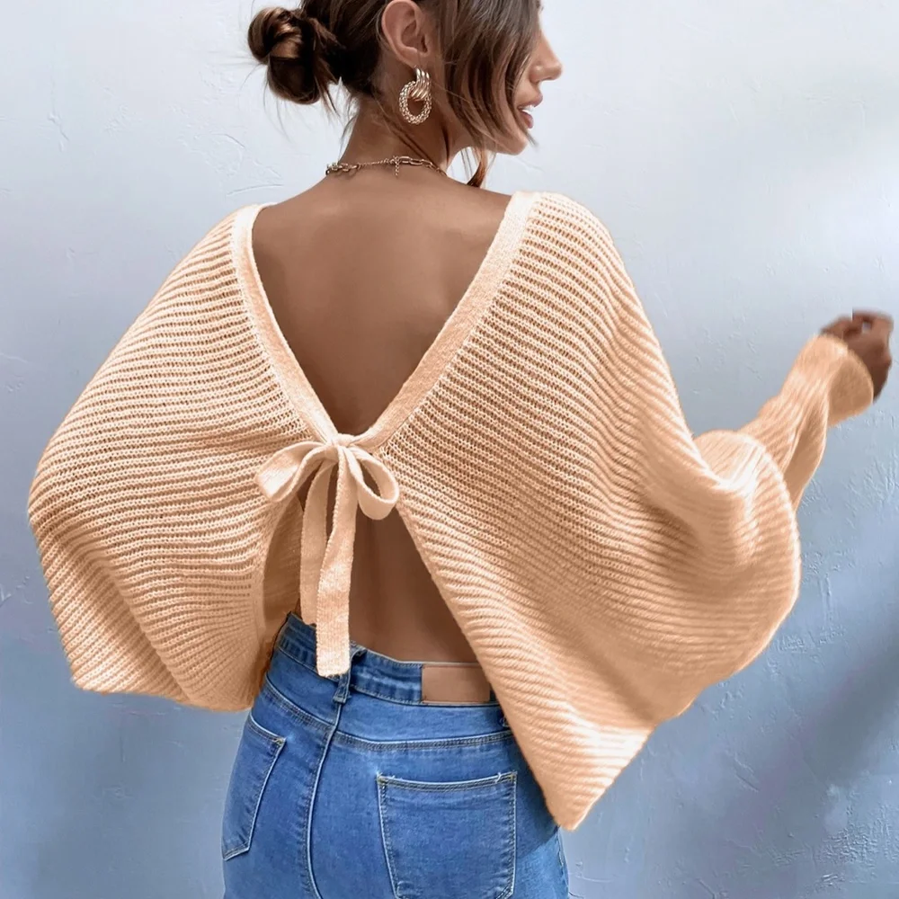 Cozy Green Open Back Knit Sweater Top Minimalist - Picture 11 of 13